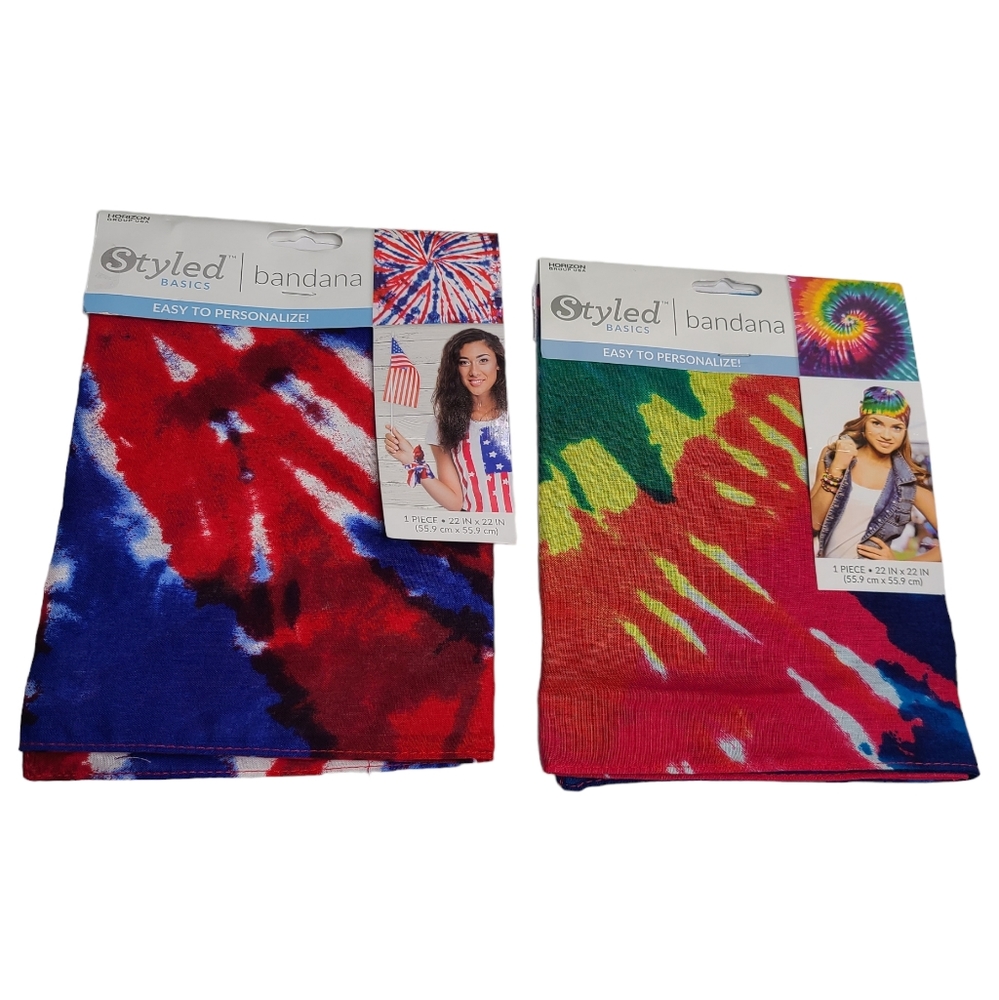 Lot of 2 Tie Dye Bandanas Colorful 100% Cotton NWT 22 x 22